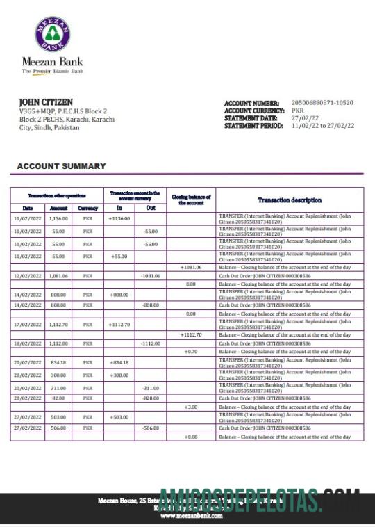 Modelo realista de extrato bancário Meezan do Paquistão em formato Word e PDF